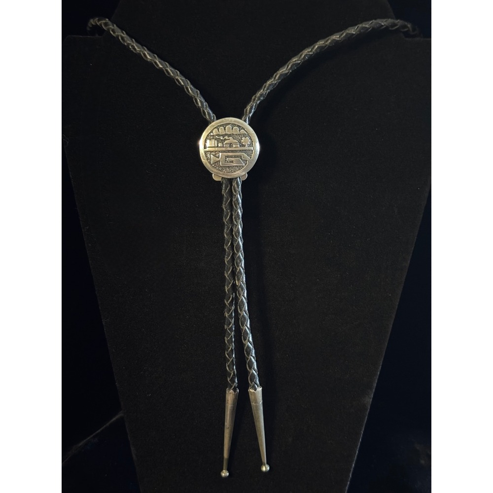 Vintage Signed Bolo Tie Native American Sterling Silver Overlay Village Scene
